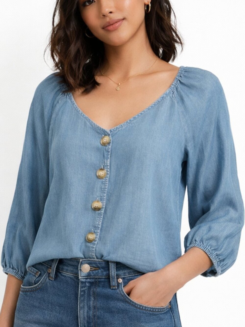 NWOT Sanctuary Chambray Button-Down Shirt Blue Tan | XS